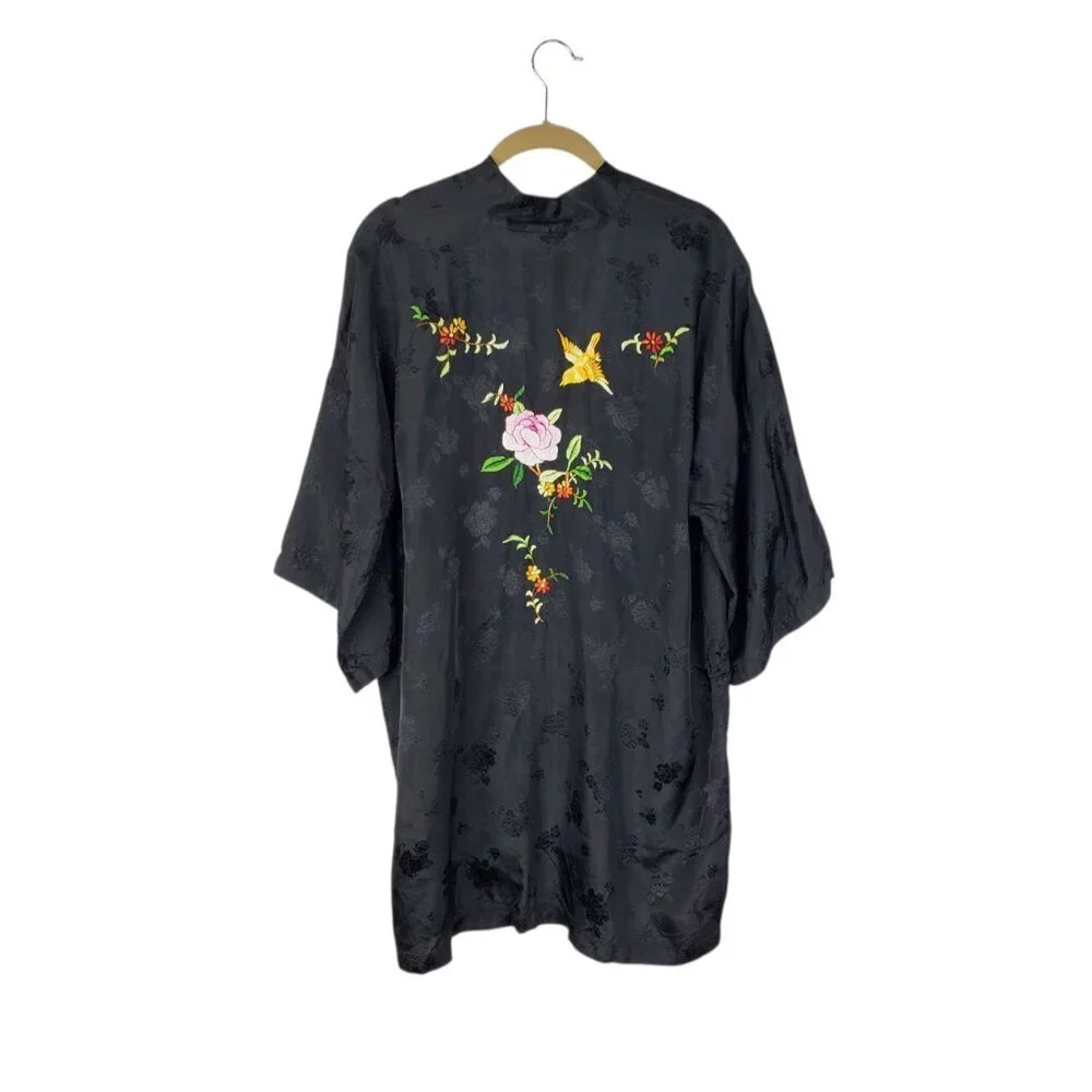 Golden Bee Vintage Black Silky Rayon Robe Kimono Embroidered Floral Bird Small